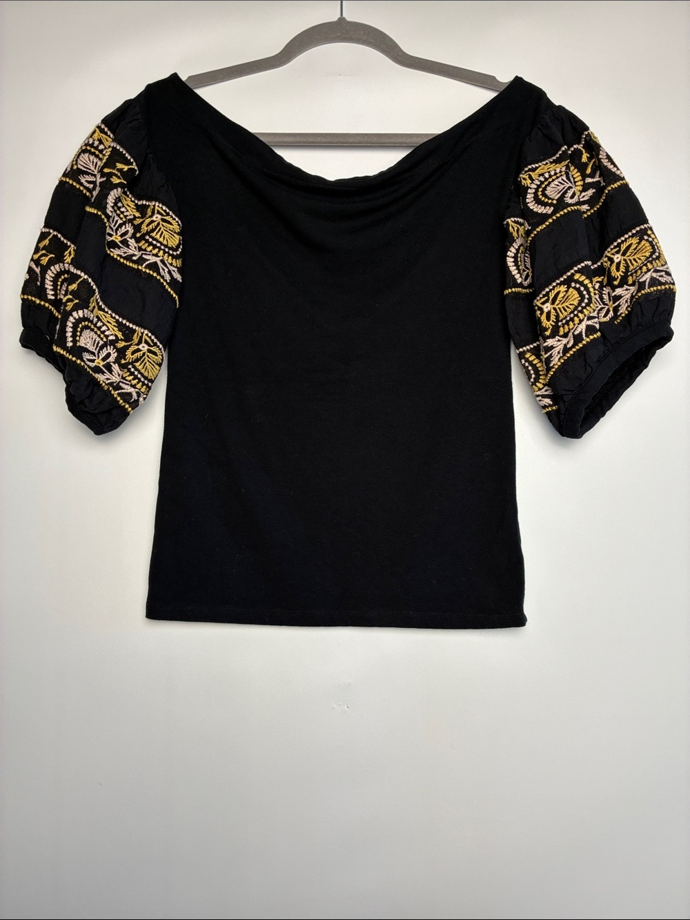 Free People Black Embroidered Puff Sleeve Women's Top